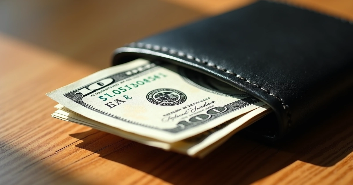 Notas de dólar saindo de uma carteira sobre uma mesa de madeira 