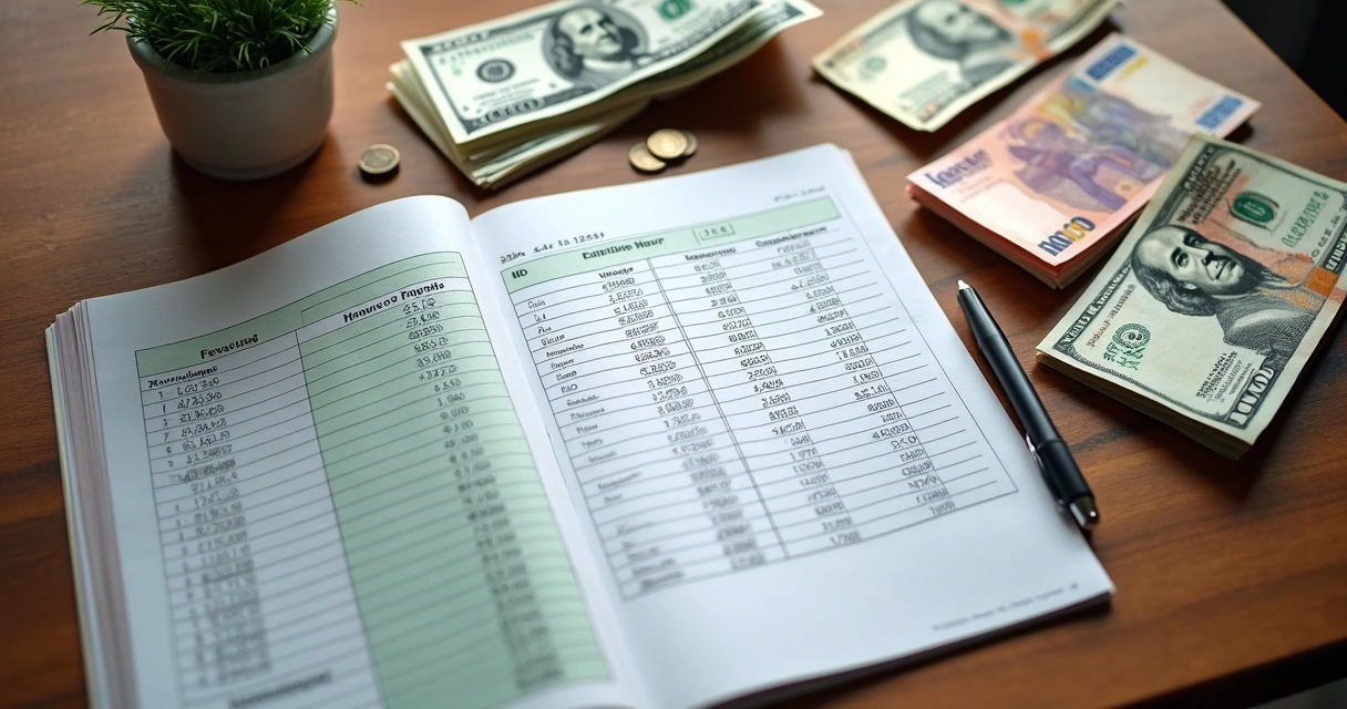 Notas de dinheiro estrangeiro, cartões e planilha de orçamento lado a lado 