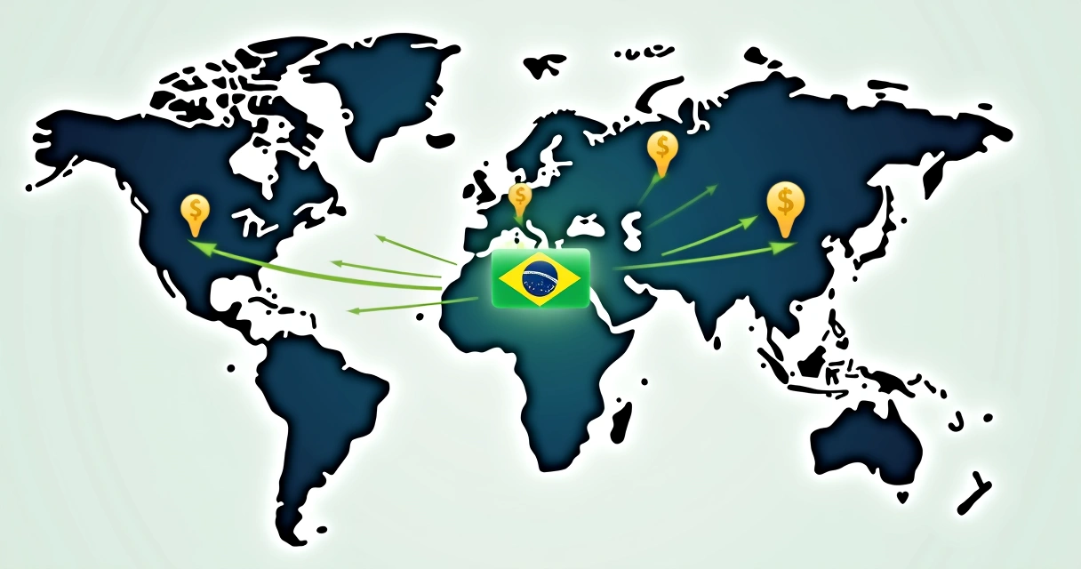 Matriz no Brasil conectada a subsidiárias globais com moedas diferentes.