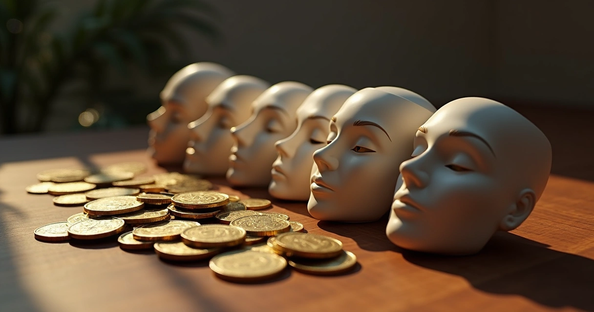 Moedas e máscaras lado a lado sob luz suave 