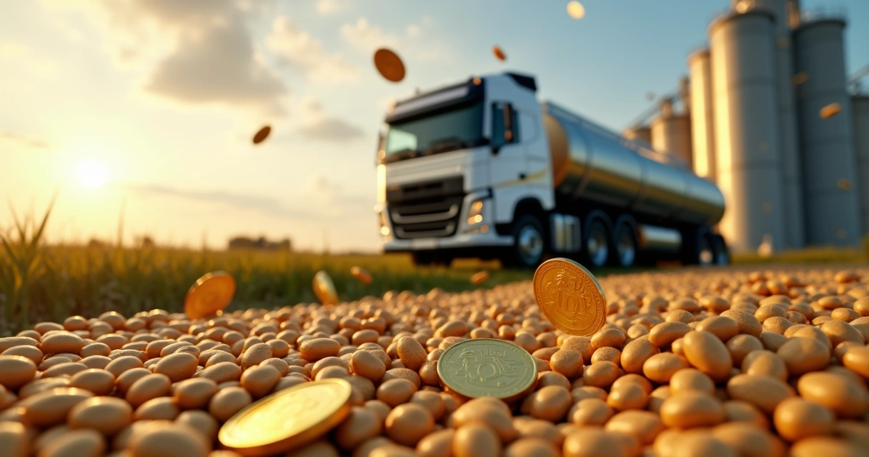 Moedas caindo sobre soja processada e caminhão-tanque de biodiesel ao fundo