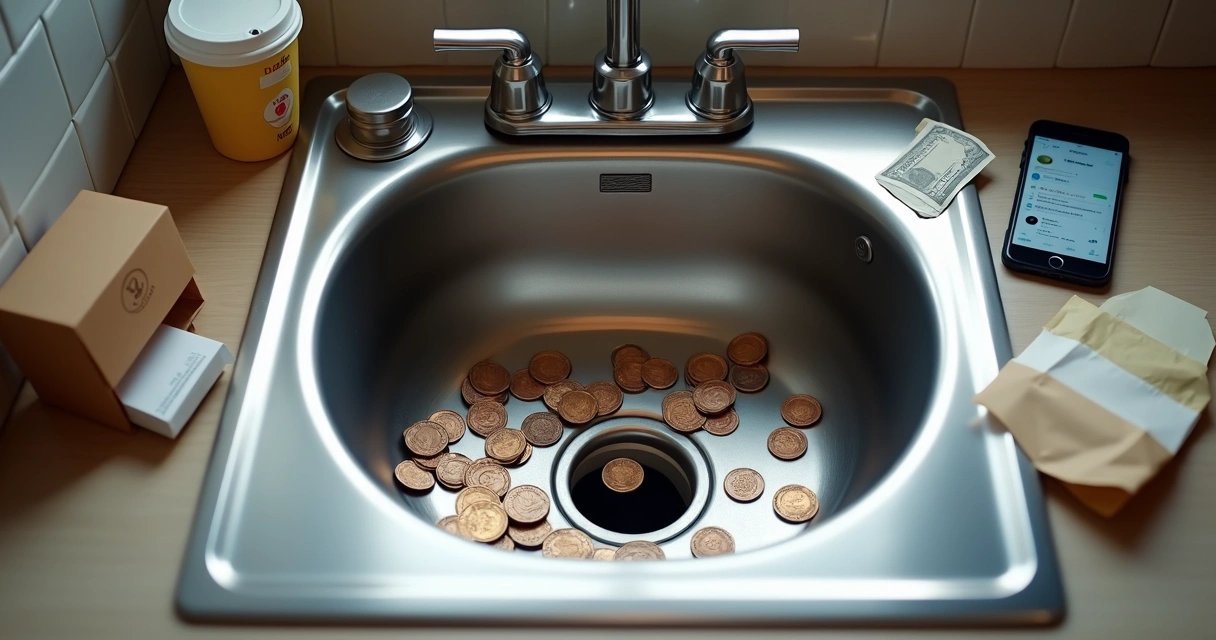 Moedas deslizando para o ralo de uma pia de cozinha 