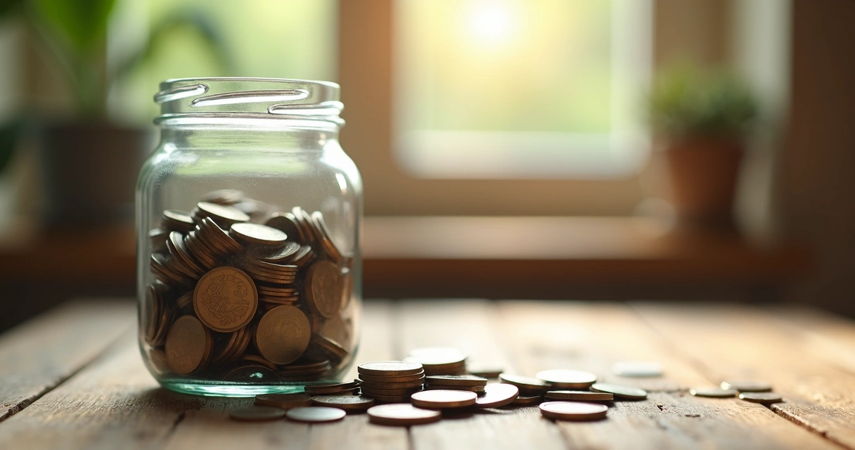 Pote de vidro com moedas acumuladas sobre uma mesa de madeira