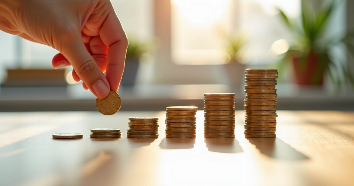 Pilha de moedas crescendo em sequência sobre mesa de madeira clara 