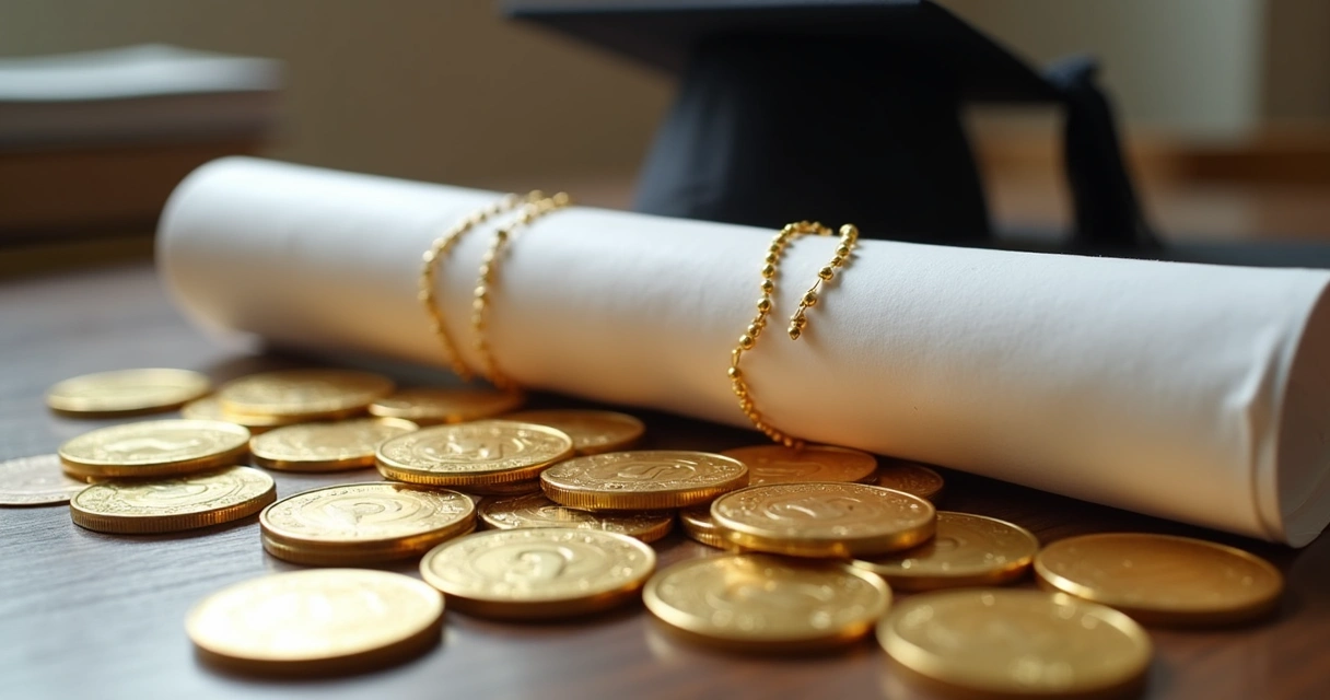 Diploma de faculdade sobre pilha de moedas representando valor monetário do ensino 