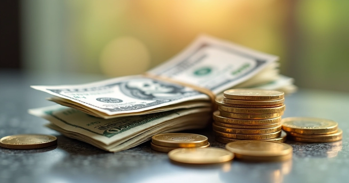 Notas e moedas de dólar e euro empilhadas juntas 