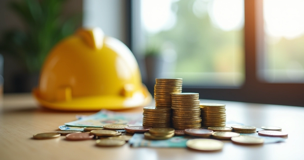 Pilhas de moedas com notas de dinheiro espalhadas, capacete de trabalhador ao fundo 