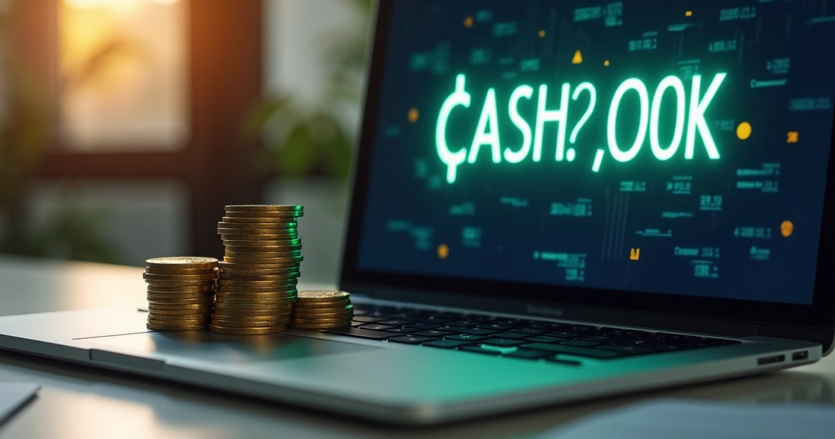 Moedas douradas próximas a notebook exibindo valor em cashback