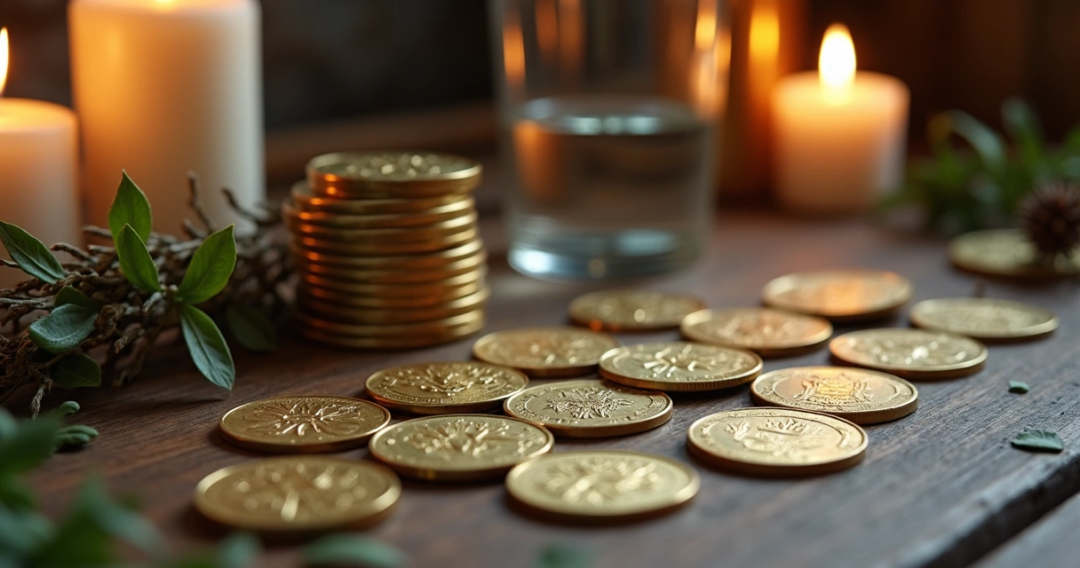 Moedas sobre mesa organizada com velas e ervas ao lado 