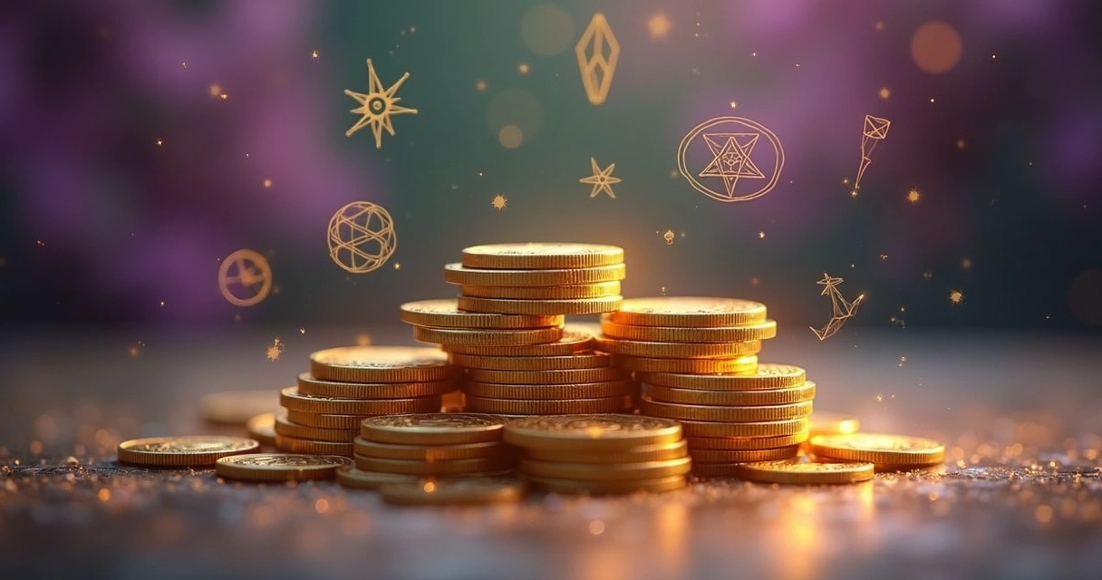 Moedas douradas, símbolos místicos desenhados ao redor 