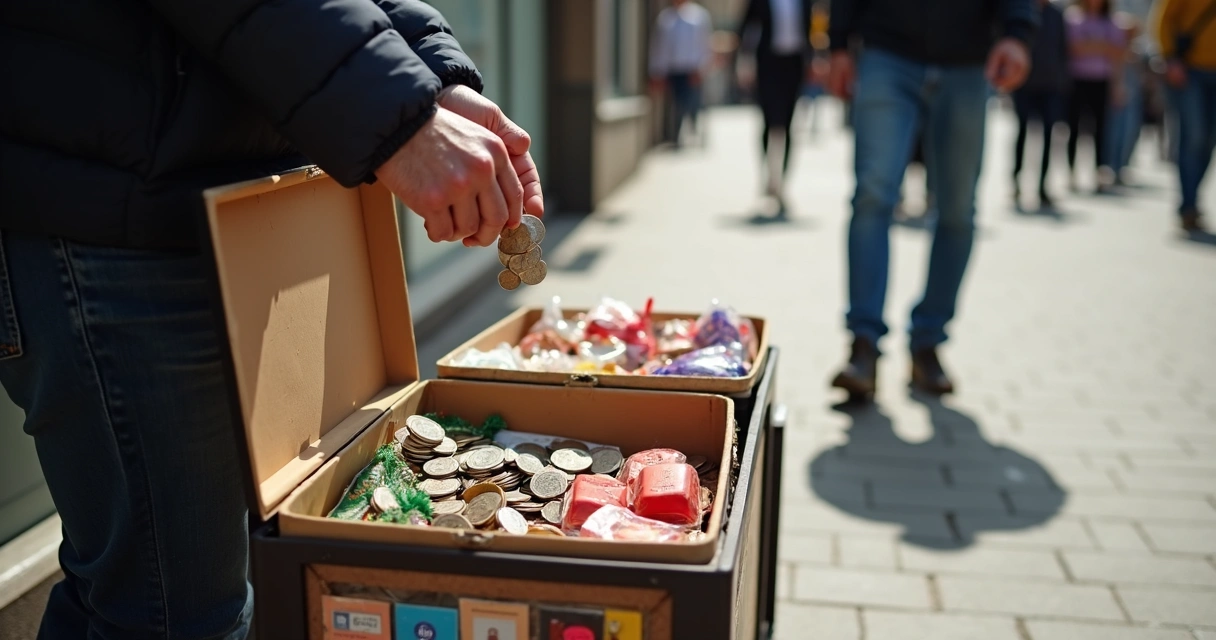 Vendedor ambulante organizando moedas do troco em caixa de sapatos aberta