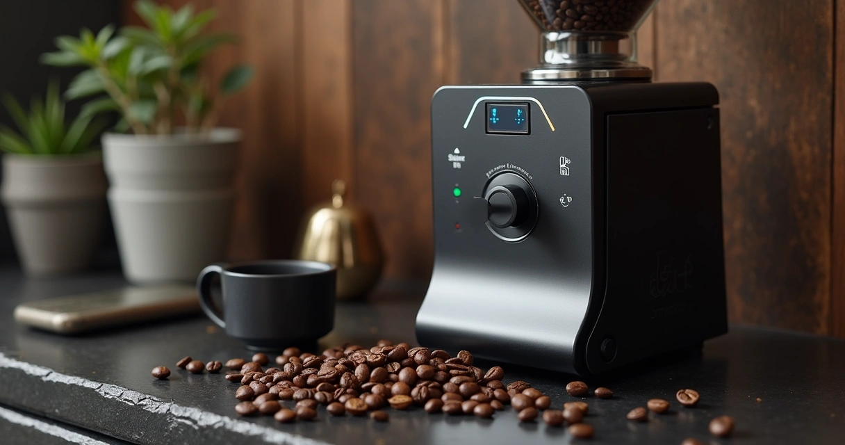 Moedor de café digital com ajuste fino ao lado de grãos