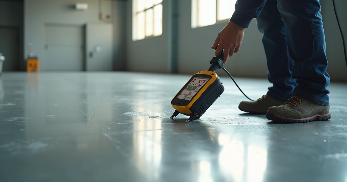 Worker performing moisture test on concrete garage floor 
