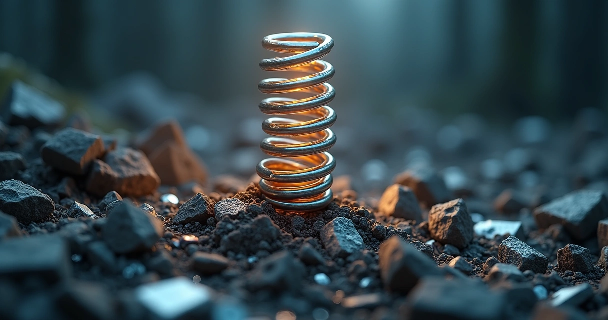 Mola metálica surgindo de destroços 