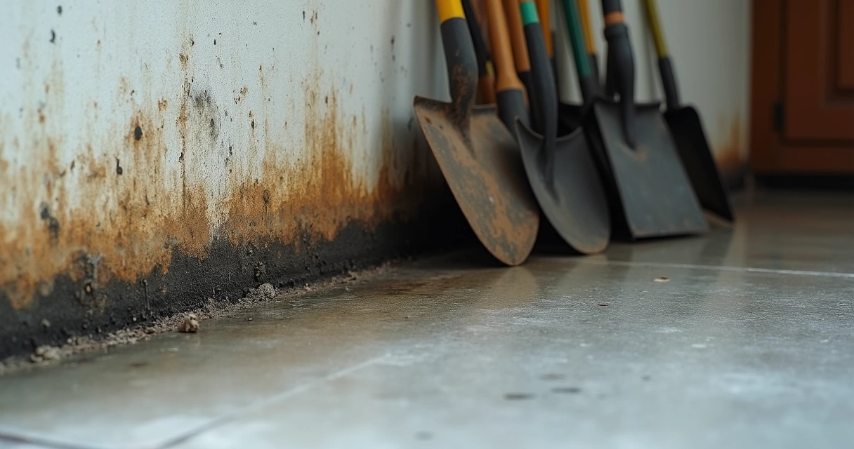 Mold spots along garage slab corner.
