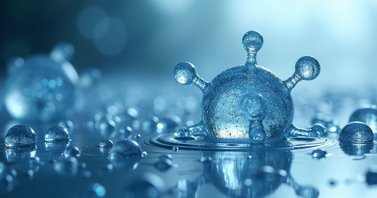 Ilustração de uma molécula de ácido hialurônico e sua interação com água