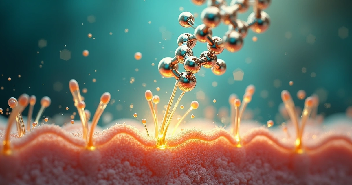 Molécula estilizada interagindo com folículos capilares em fundo dourado 