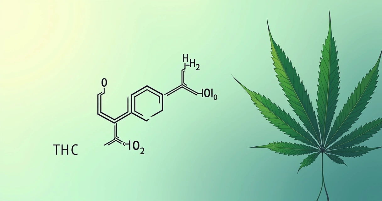 Representação gráfica de uma molécula de THC ao lado da planta cannabis 