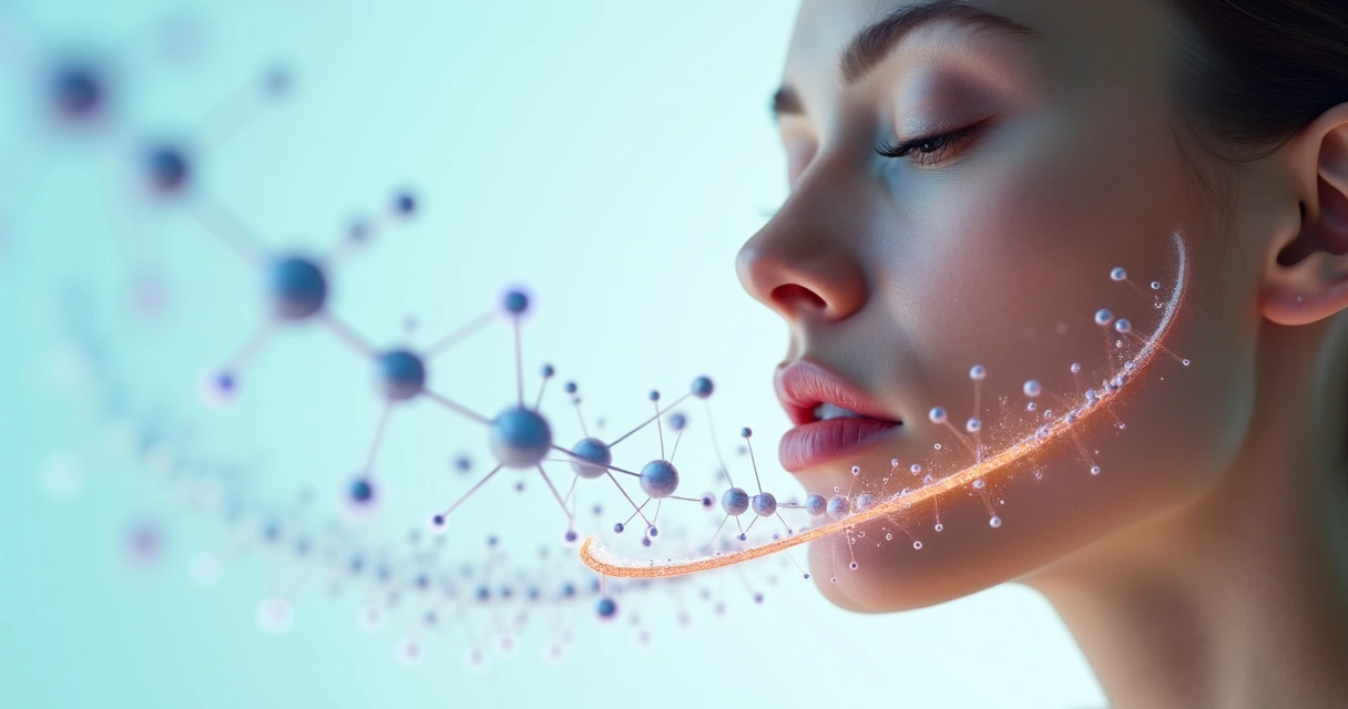 Moléculas de peptídeos brilhantes ao redor de rosto neutro visto de perfil 