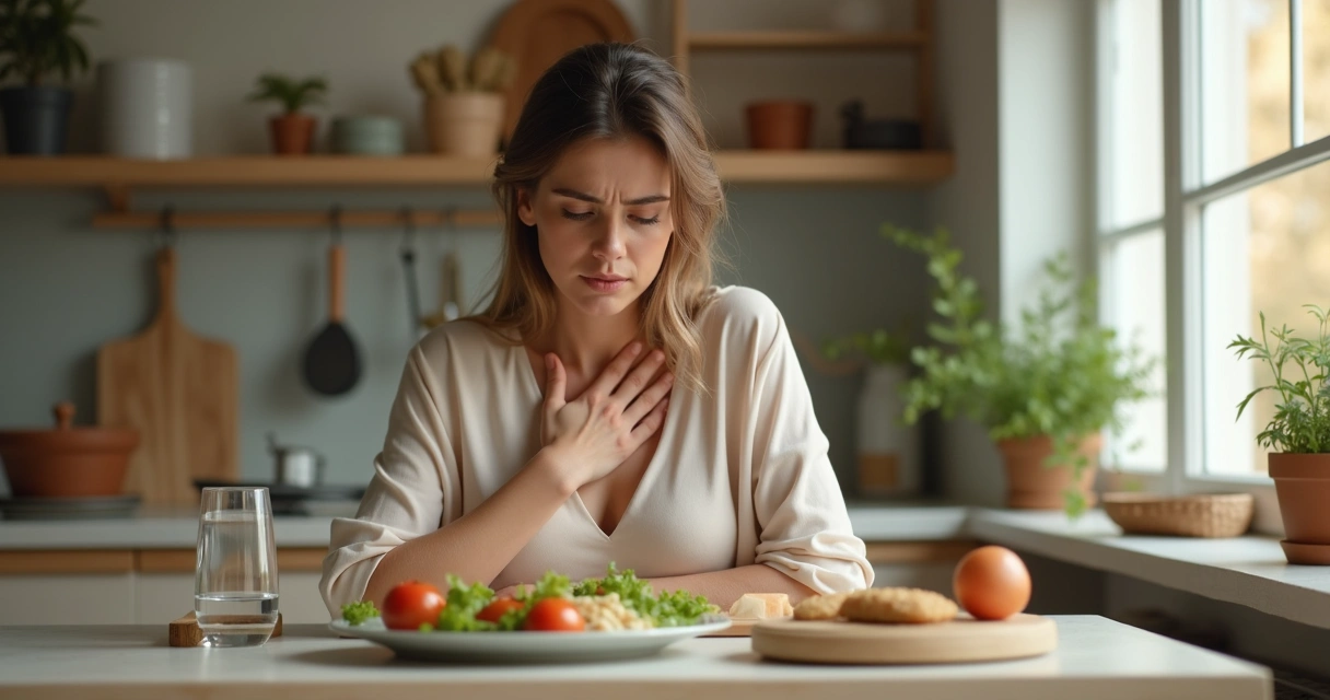 Mulher sentada à mesa, com expressão desconfortável e mão sobre o peito 