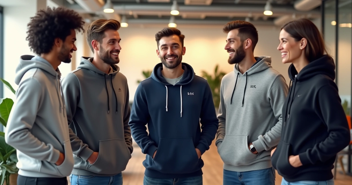 Equipe corporativa usando moletons canguru personalizados em ambiente de trabalho 
