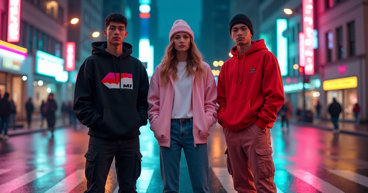 Grupo diverso usando moletons streetwear em cruzamento urbano à noite 