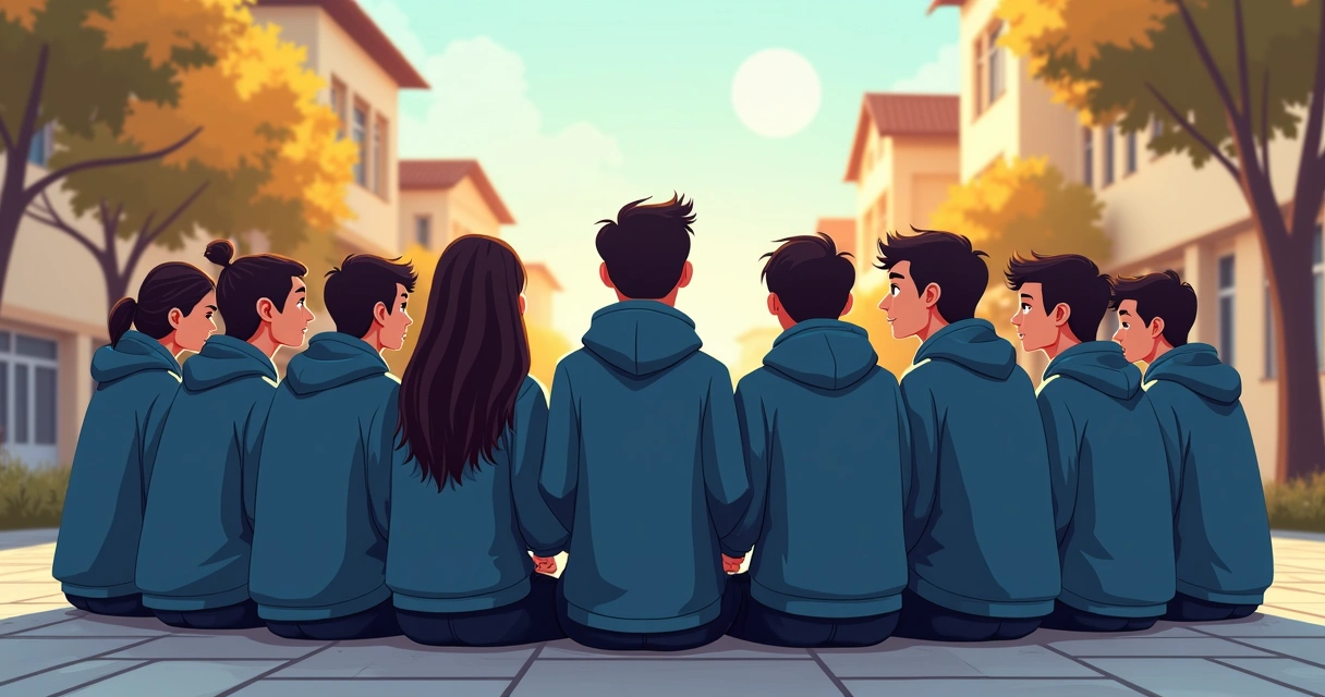 Estudantes do terceirão usando moletom personalizado com bolso canguru, em círculo no pátio da escola 