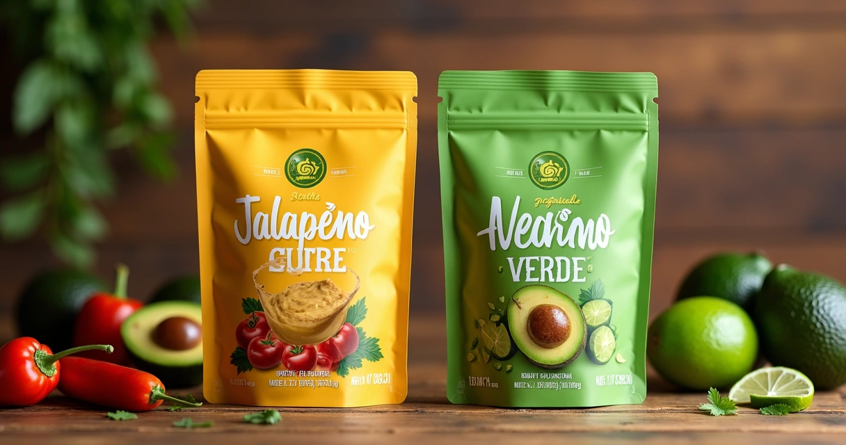 Sachês de Jalapeño Citrus Salsa e Avocado Verde Salsa em superfície de madeira 