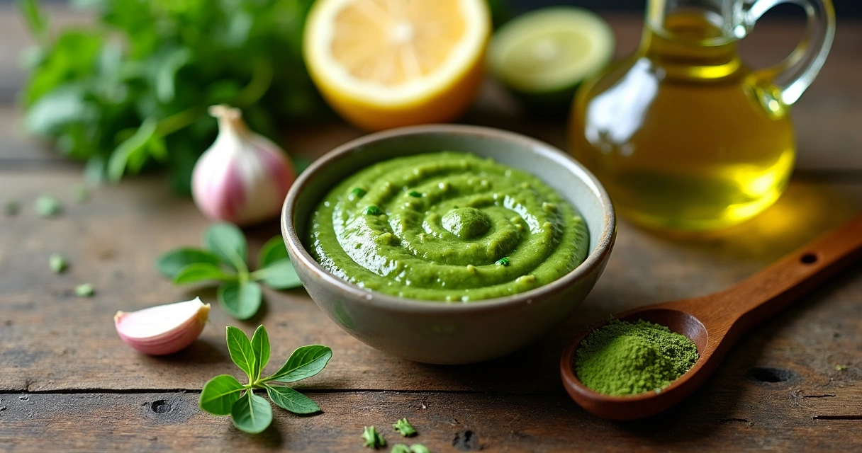 Molho verde com moringa em tigela de cerâmica 