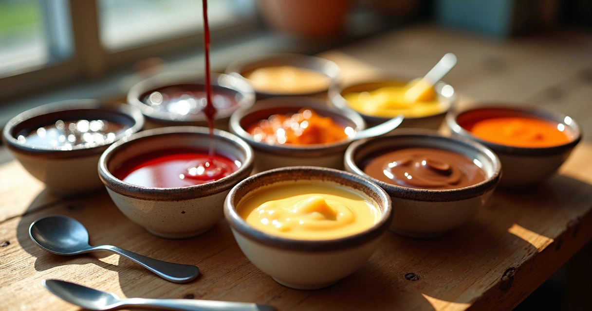 Molhos caseiros para crepe em pequenos potes com colheres 