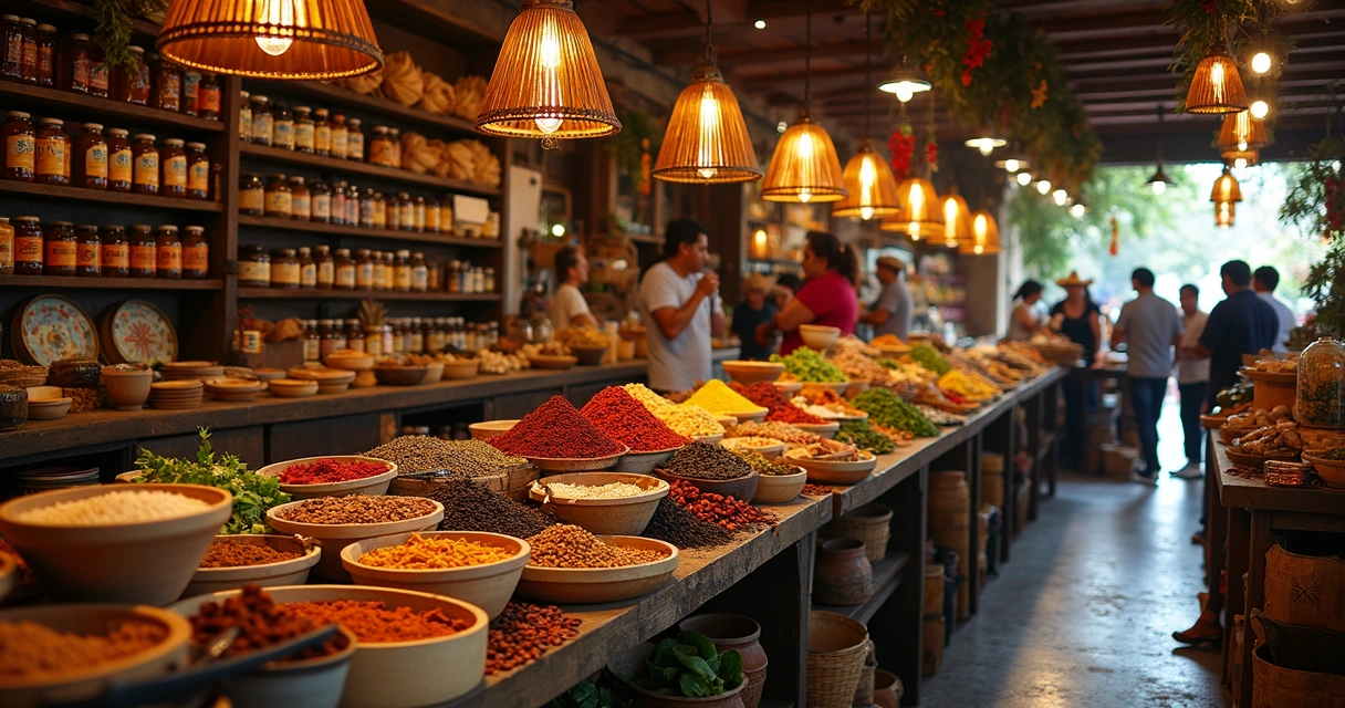 Molhos e especiarias coloridas no Mercado 20 de Noviembre em Oaxaca, México.