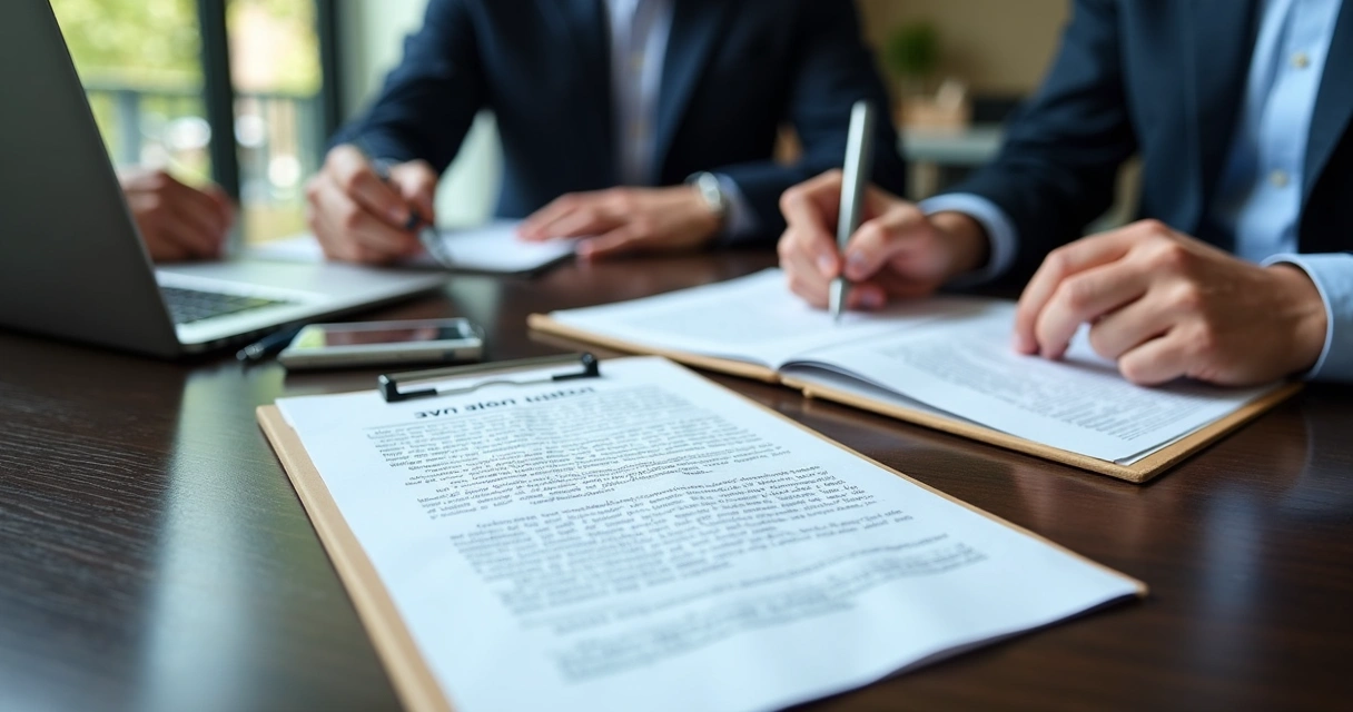 Mesa com profissionais reunidos e analisando edital público 