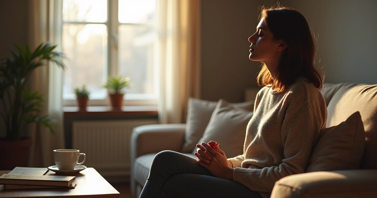 Pessoa sentada em silêncio em ambiente interno, olhos fechados, em postura reflexiva.