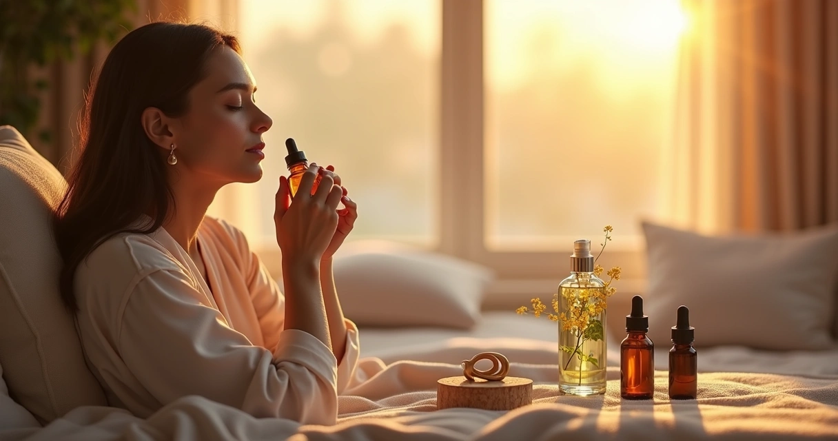 Pessoa praticando autocuidado com aromaterapia e florais 