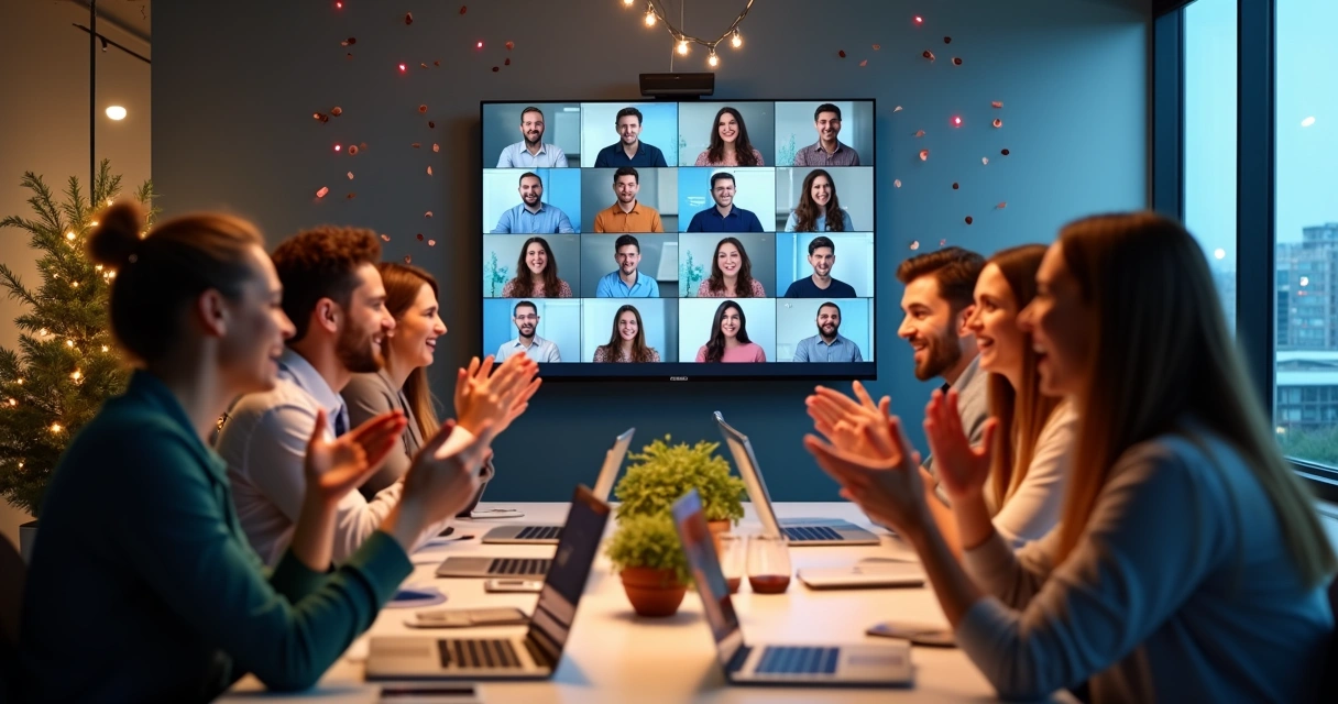 Equipe híbrida comemorando conquista juntos presencialmente e virtualmente 