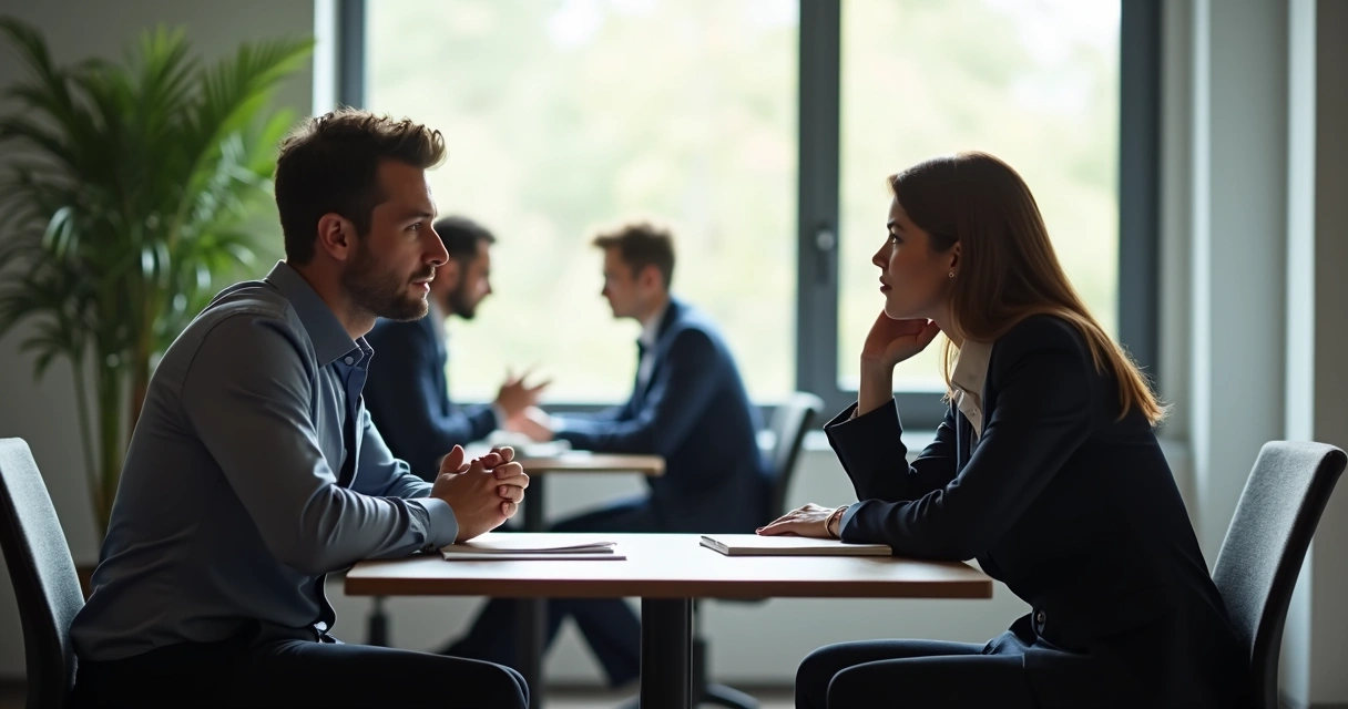 Duas pessoas conversando seriamente em ambiente de trabalho, clima de respeito, tentativa de resolução 