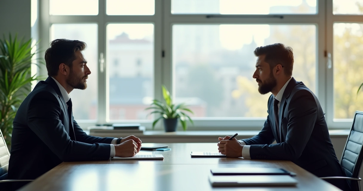 Duas pessoas sentadas conversando em uma sala de reunião iluminada 