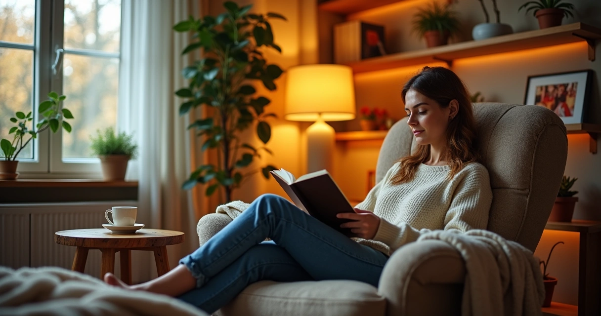 Pessoa lendo livro em ambiente aconchegante 