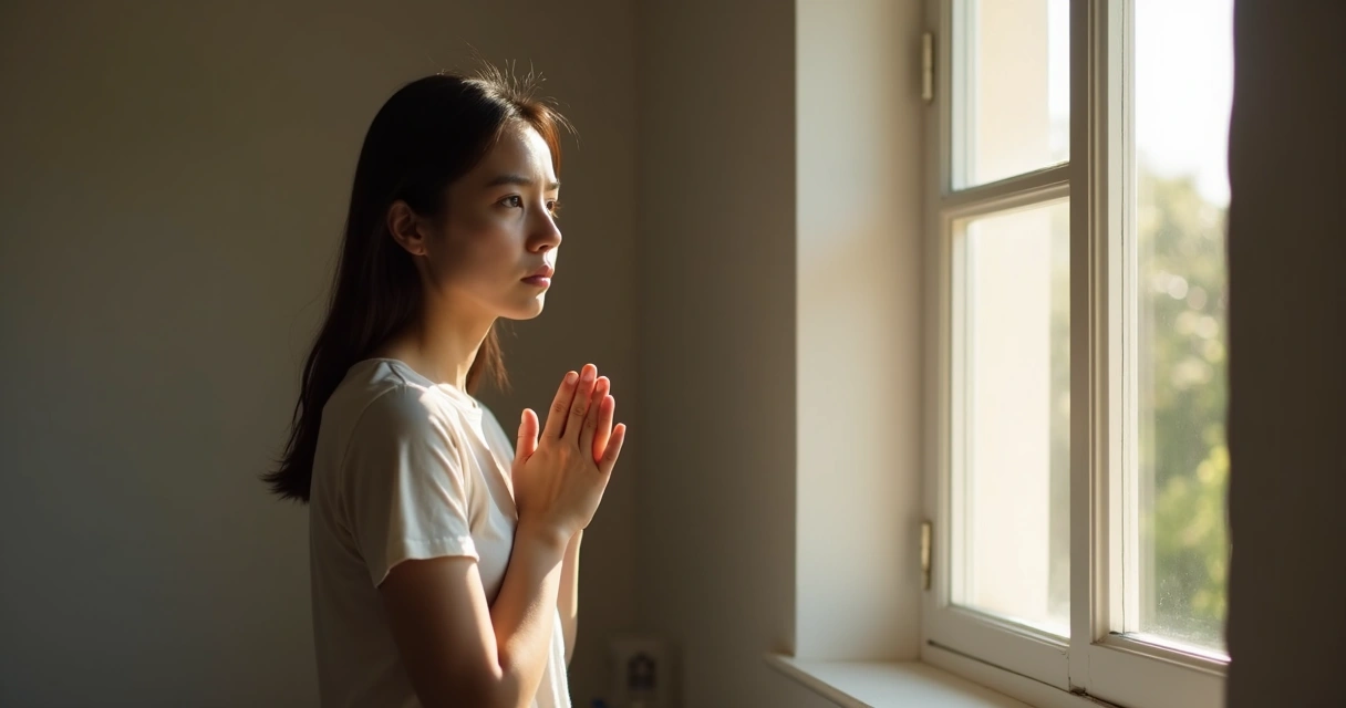 Pessoa fazendo pausa silenciosa perto da janela 