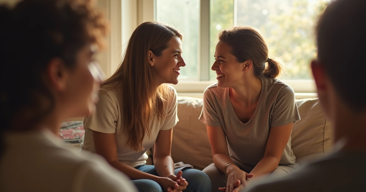Duas pessoas trocando um olhar de reconciliação após falarem em círculo.