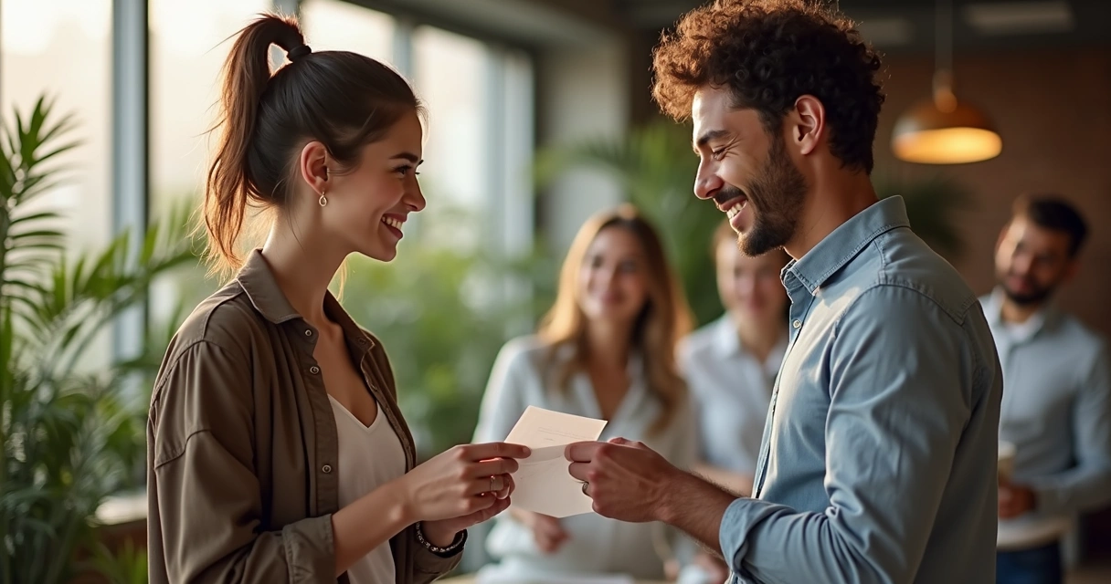 Líder entregando a un miembro del equipo una nota de reconocimiento en una oficina. 