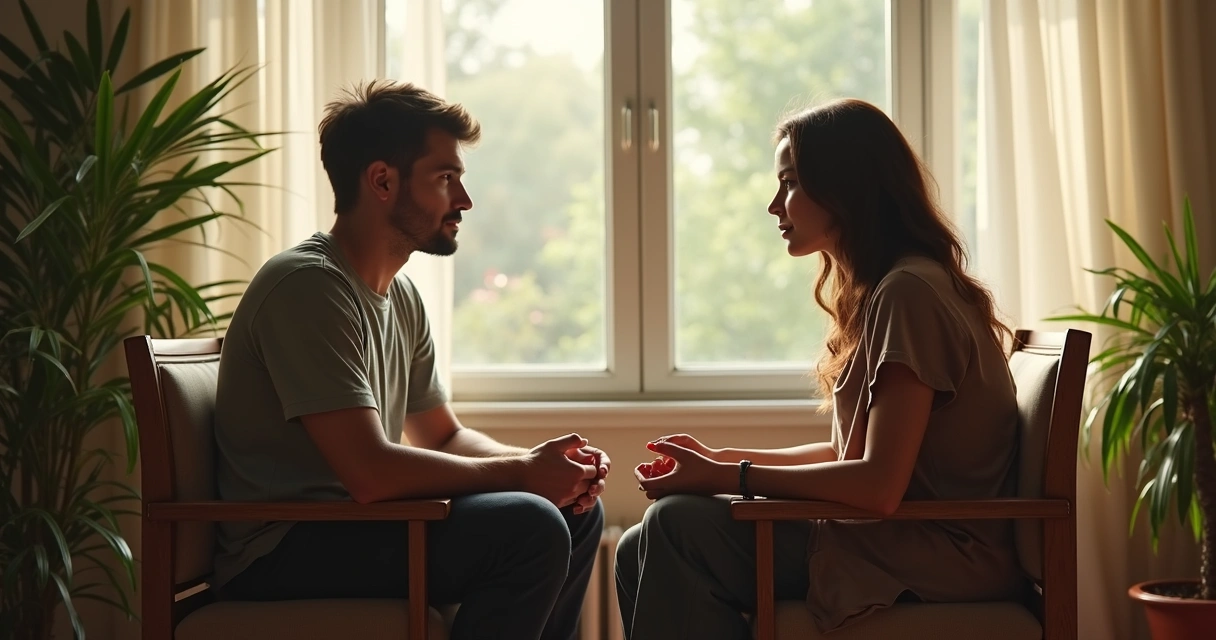 Duas pessoas sentadas frente a frente, em silêncio, trocando olhares durante uma conversa, ambiente luminoso com elementos naturais ao redor. 