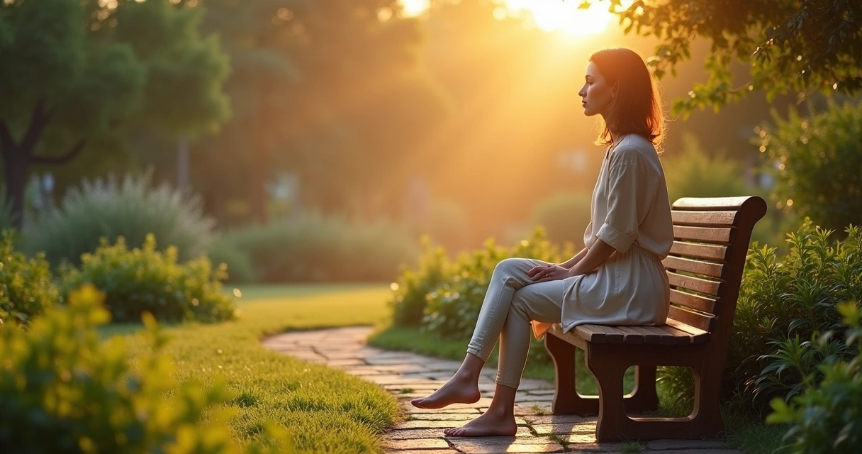 Pessoa sentada em silêncio em um jardim ao amanhecer 