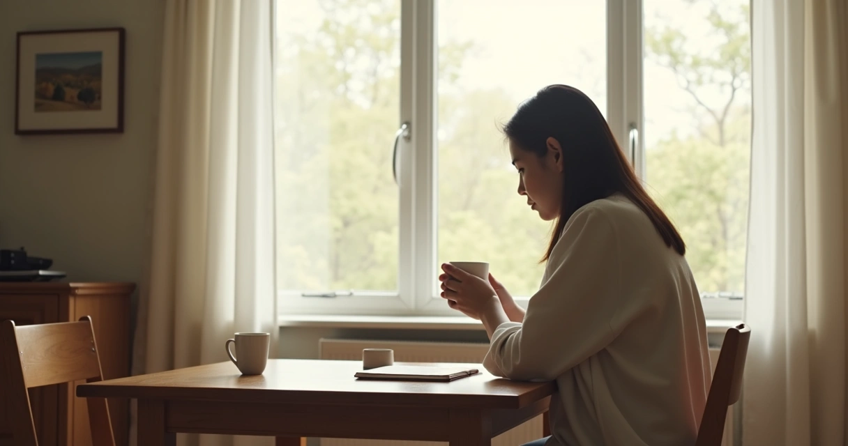 Pessoa em ambiente tranquilo refletindo diante de uma janela com luz suave