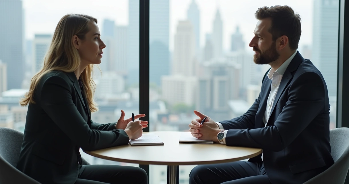 Dois colegas conversando em sala reservada sobre feedback profissional 