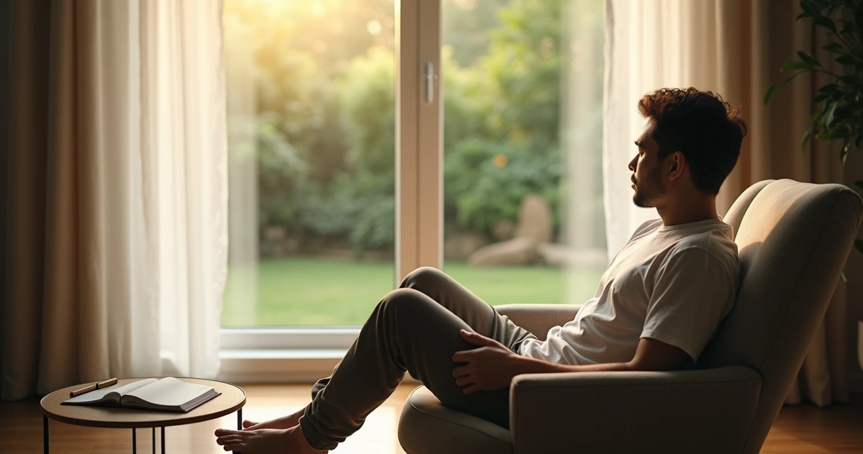 Pessoa refletindo sozinha em ambiente tranquilo, olhando para janela 