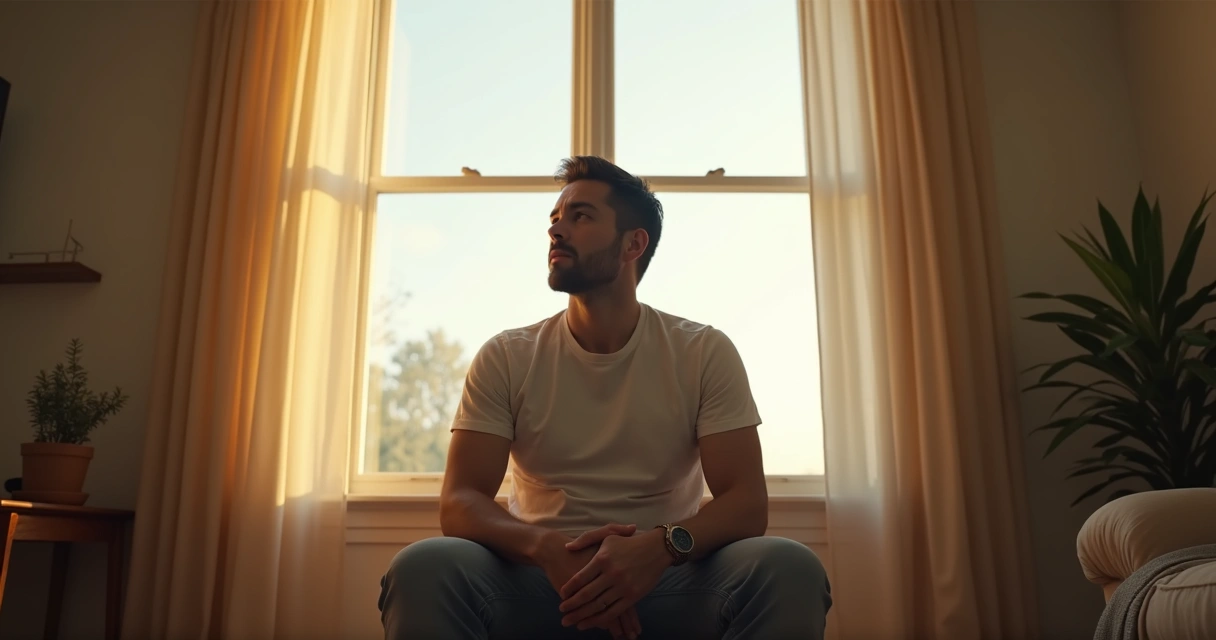 Homem sentado olhando pela janela à luz do sol, refletindo calmamente
