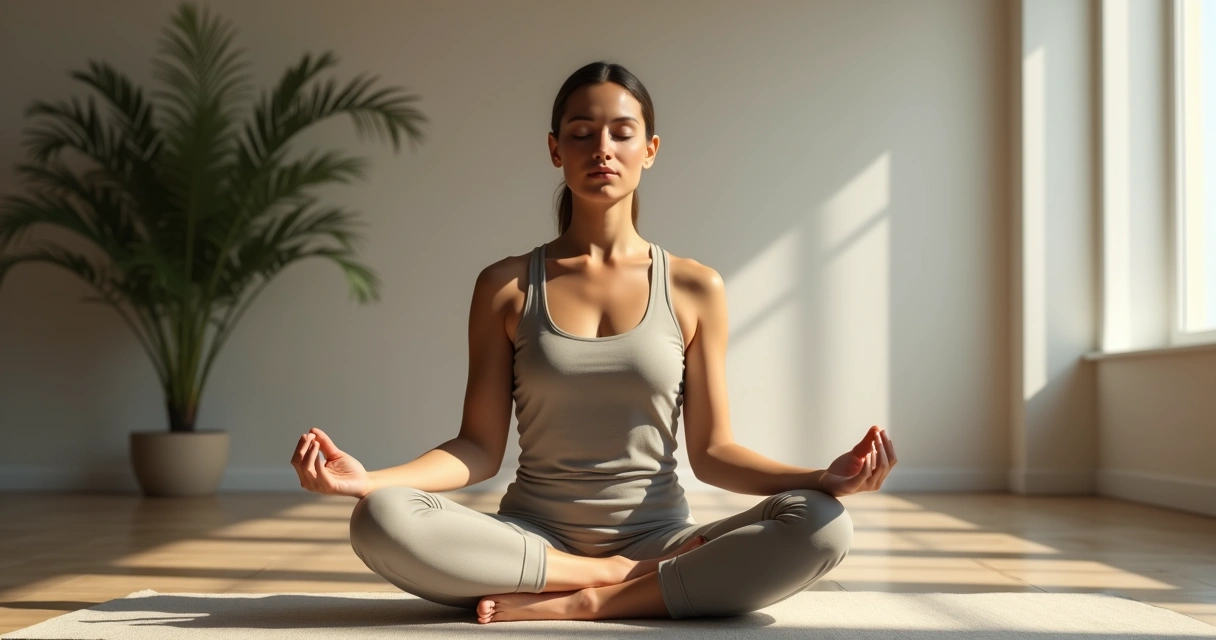 Pessoa sentada em posição de meditação com expressão calma, fundo desfocado 