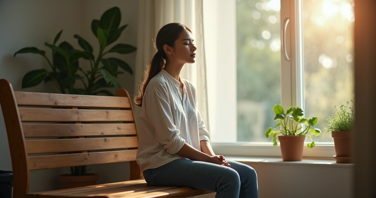 Pessoa sentada sozinha, olhos fechados, em momento de reflexão tranquila 