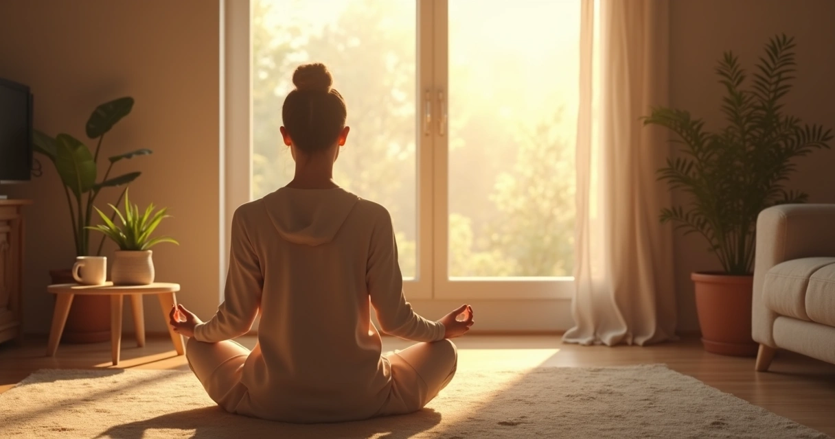 Pessoa sentada em posição confortável, olhos fechados, praticando meditação em ambiente iluminado e calmo